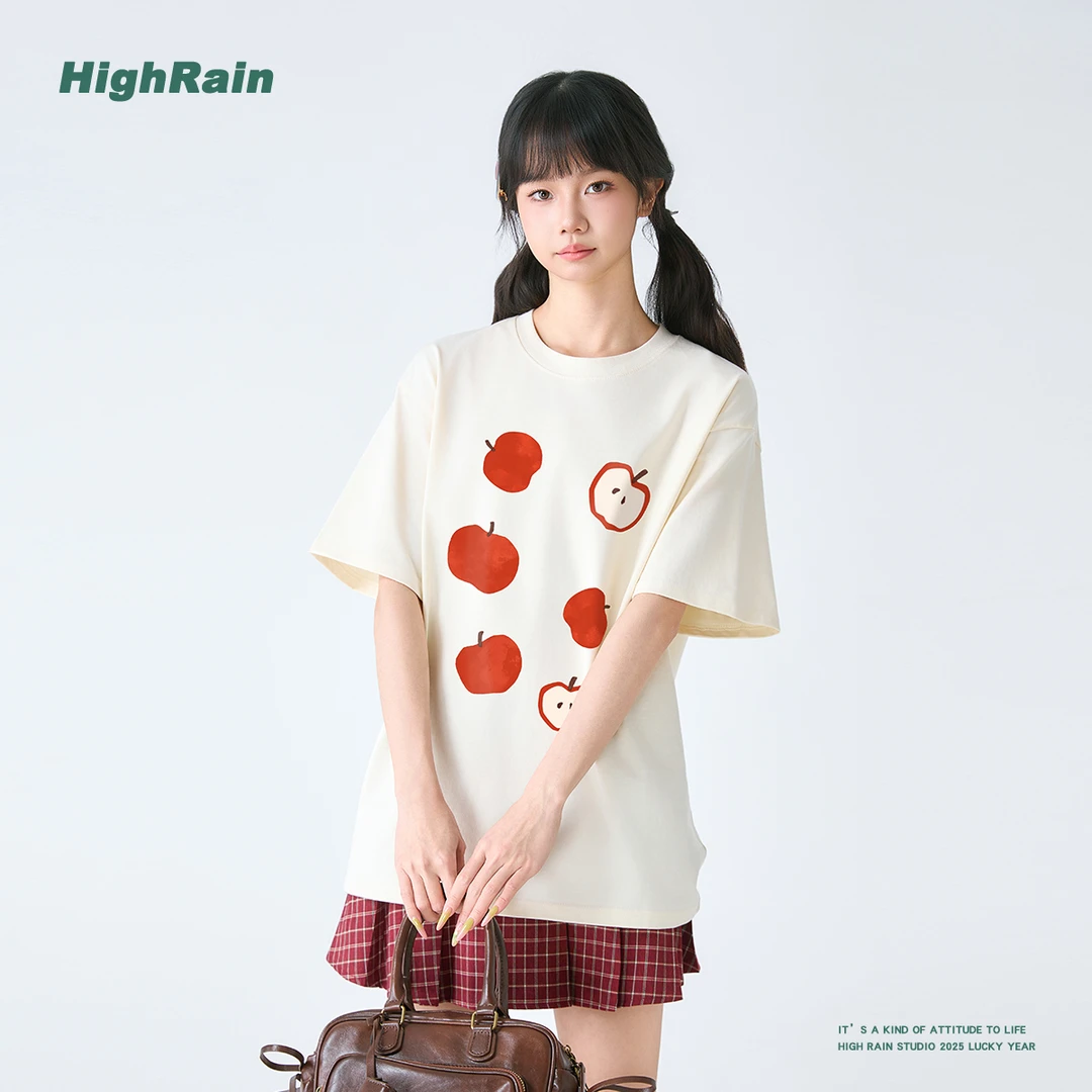 HIGH RAIN韩系苹果印花短袖T恤女夏季设计感趣味套头上衣休闲显瘦