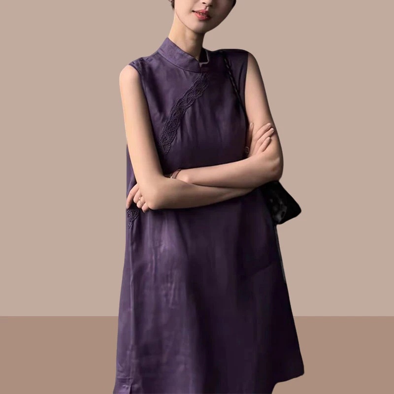 新中式立领无袖背心连衣裙女2025夏季国风设计改良旗袍开叉长裙子