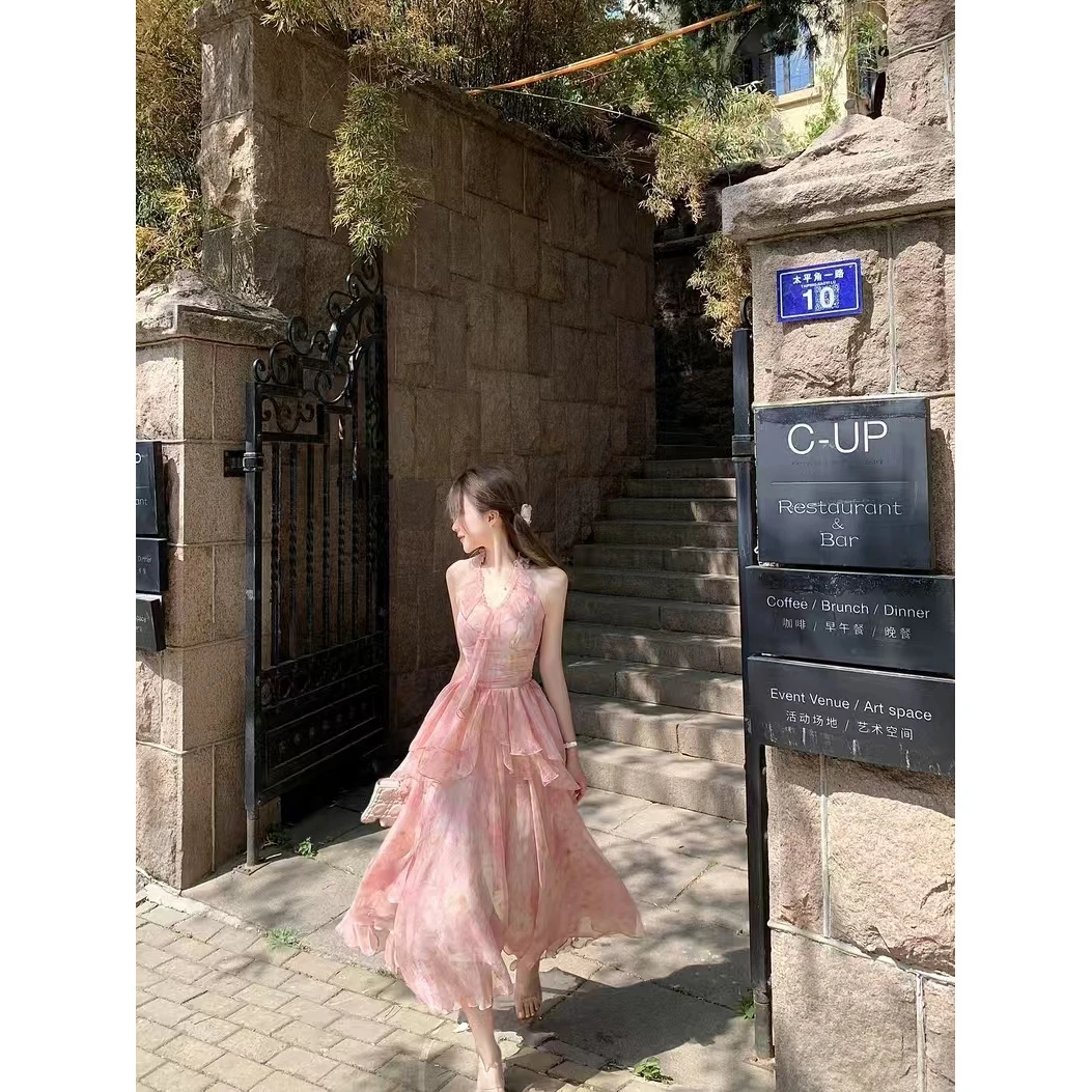 荔枝花茶度假仙气碎花连衣裙夏日绝美小长裙