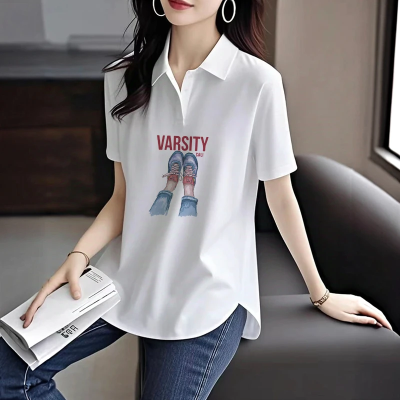 欧货短袖t恤女POLO领休闲白色2025新款夏季宽松遮屁股打底衫上衣