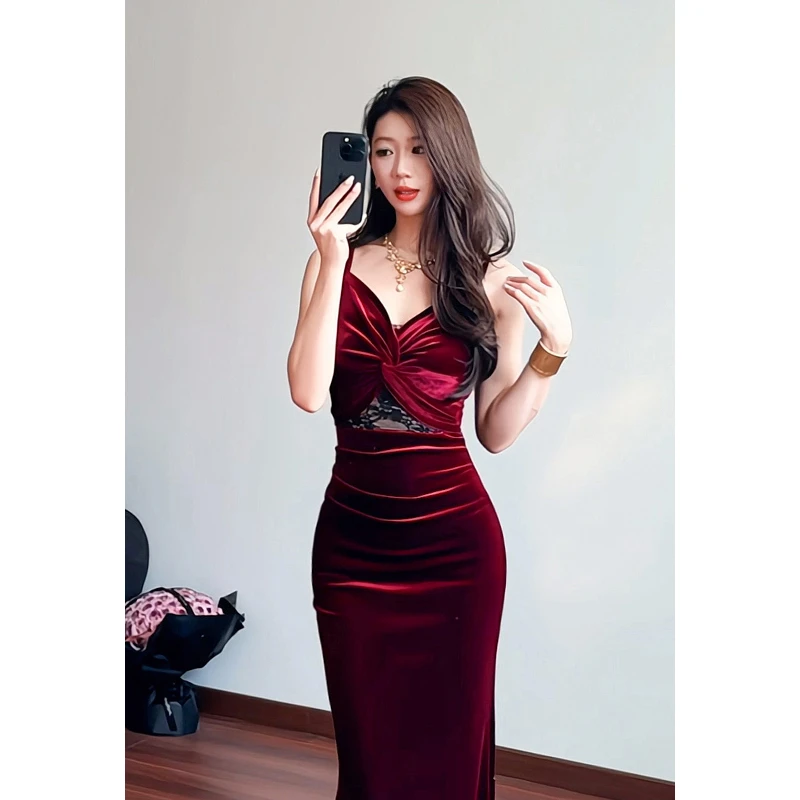 轻熟性感气质高级感吊带连衣裙女蕾丝鱼尾名媛风晚宴礼服裙