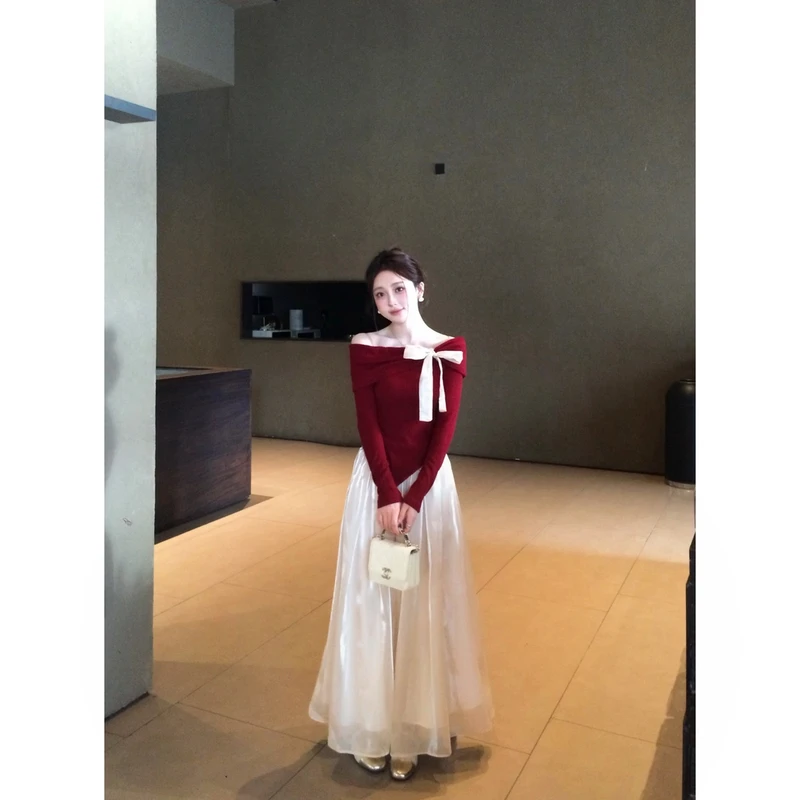 星仔-红色针织上衣连衣裙女春季穿搭套装女装富家千金吊带公主裙