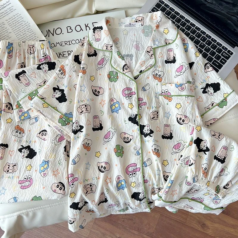 『蜡笔小新』短袖三件套夏季新款ins简约彩色睡衣可外穿宽松居家服