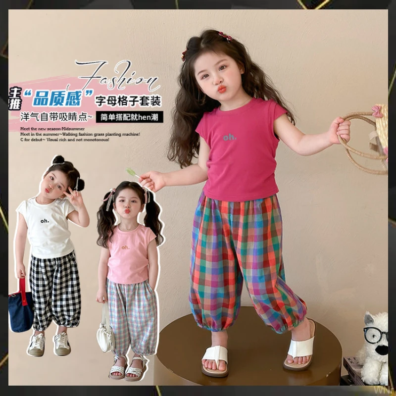 防蚊裤t恤两件套女宝宝女童短袖套装潮儿童小童新款时髦夏装薄款