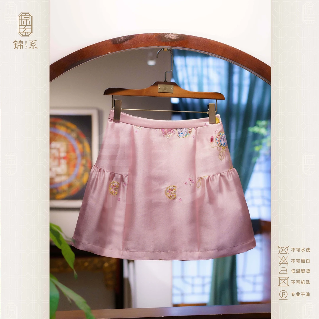 【锦系】丝涤新中式国风桑蚕丝绣花后松紧腰半裙Q-382827