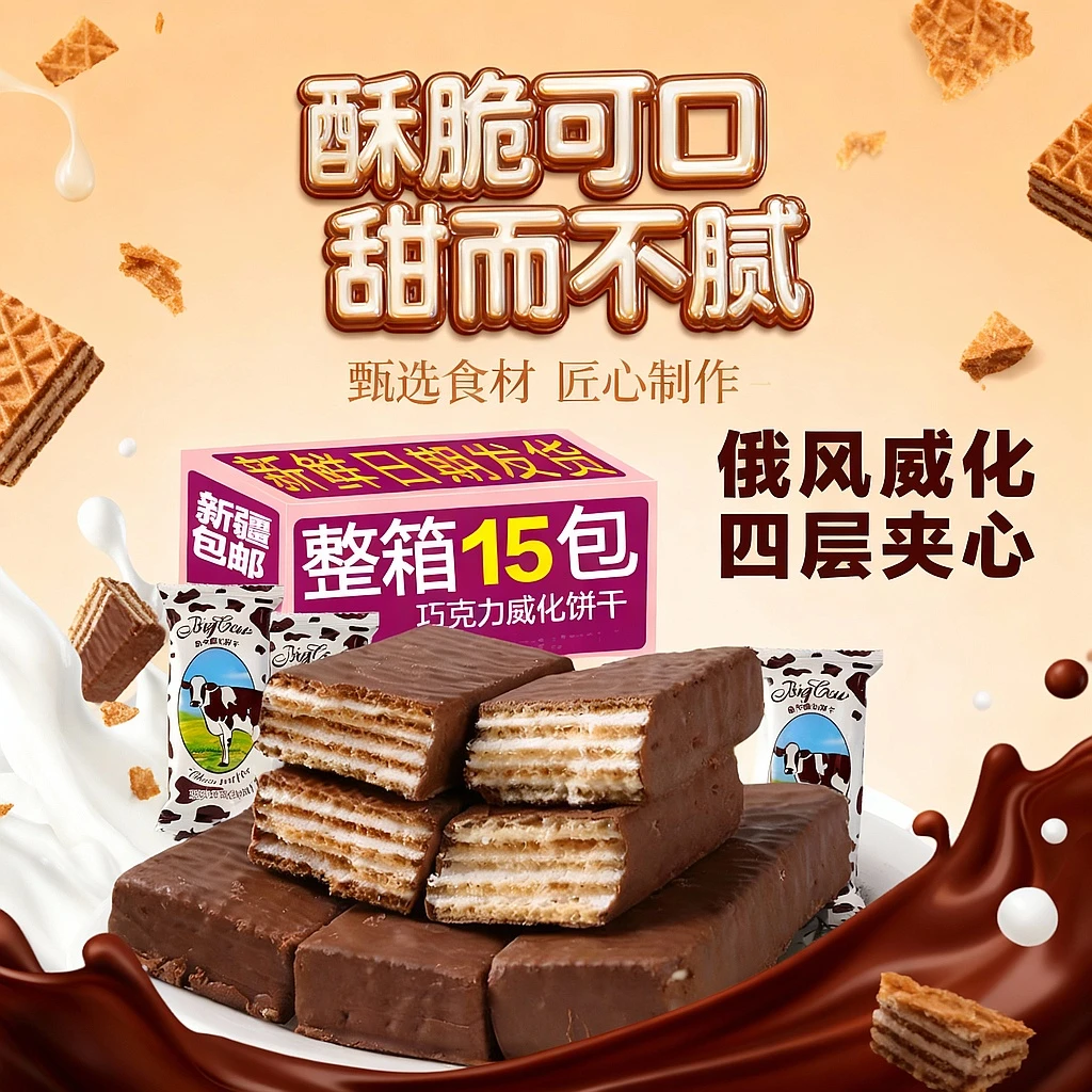 新疆包邮【9·9到手500g/箱】巧克力牛奶威化饼干俄罗斯风味解馋零食