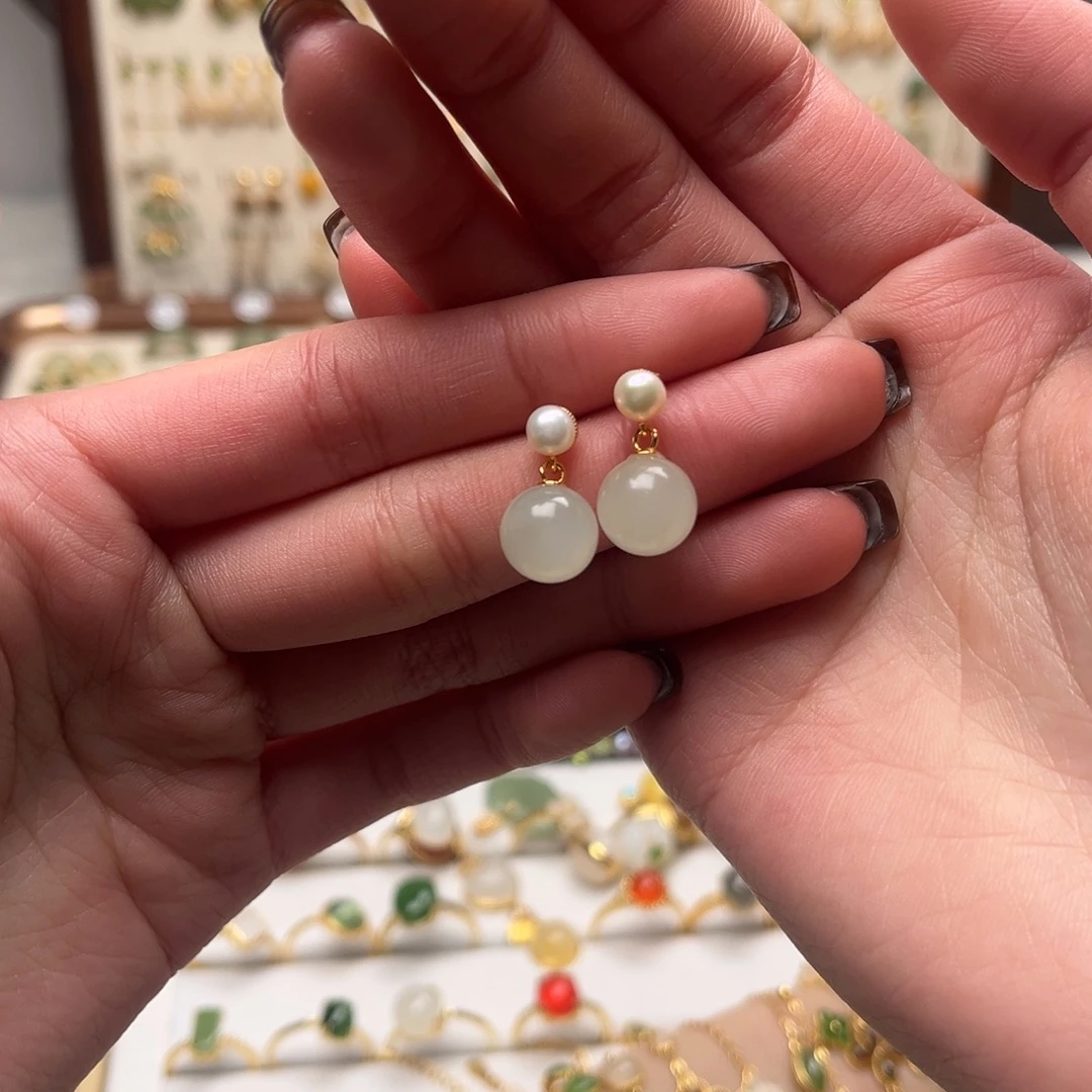 和田玉银S925镀金镶嵌耳坠