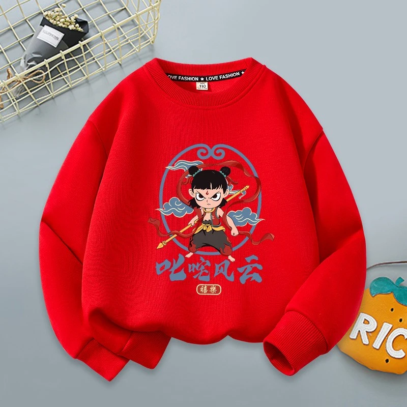 哪吒卡通大红色圆领长袖卫衣春秋装男童女童潮酷帅气儿童装中小童