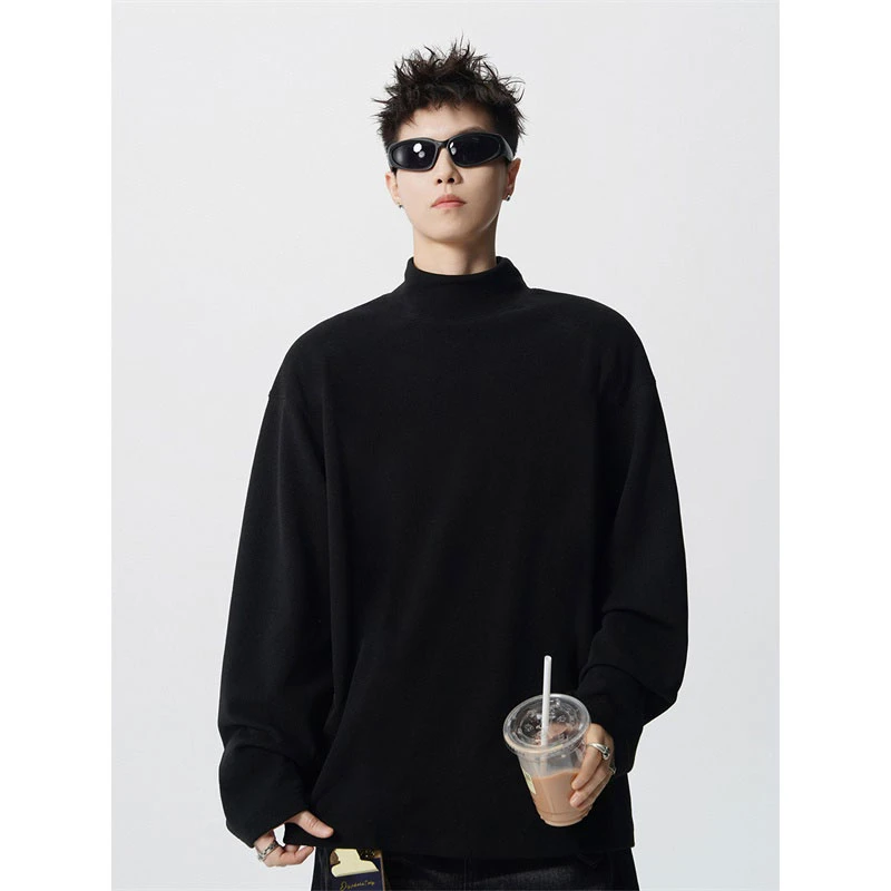 秋冬季德绒半高领打底衫卫衣男宽松潮内搭黑色中高领秋衣长袖T恤