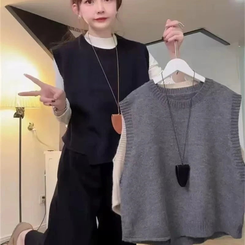 欧货秋冬新款不规则圆领针织马甲女时尚宽松百搭气质坎肩外搭背心