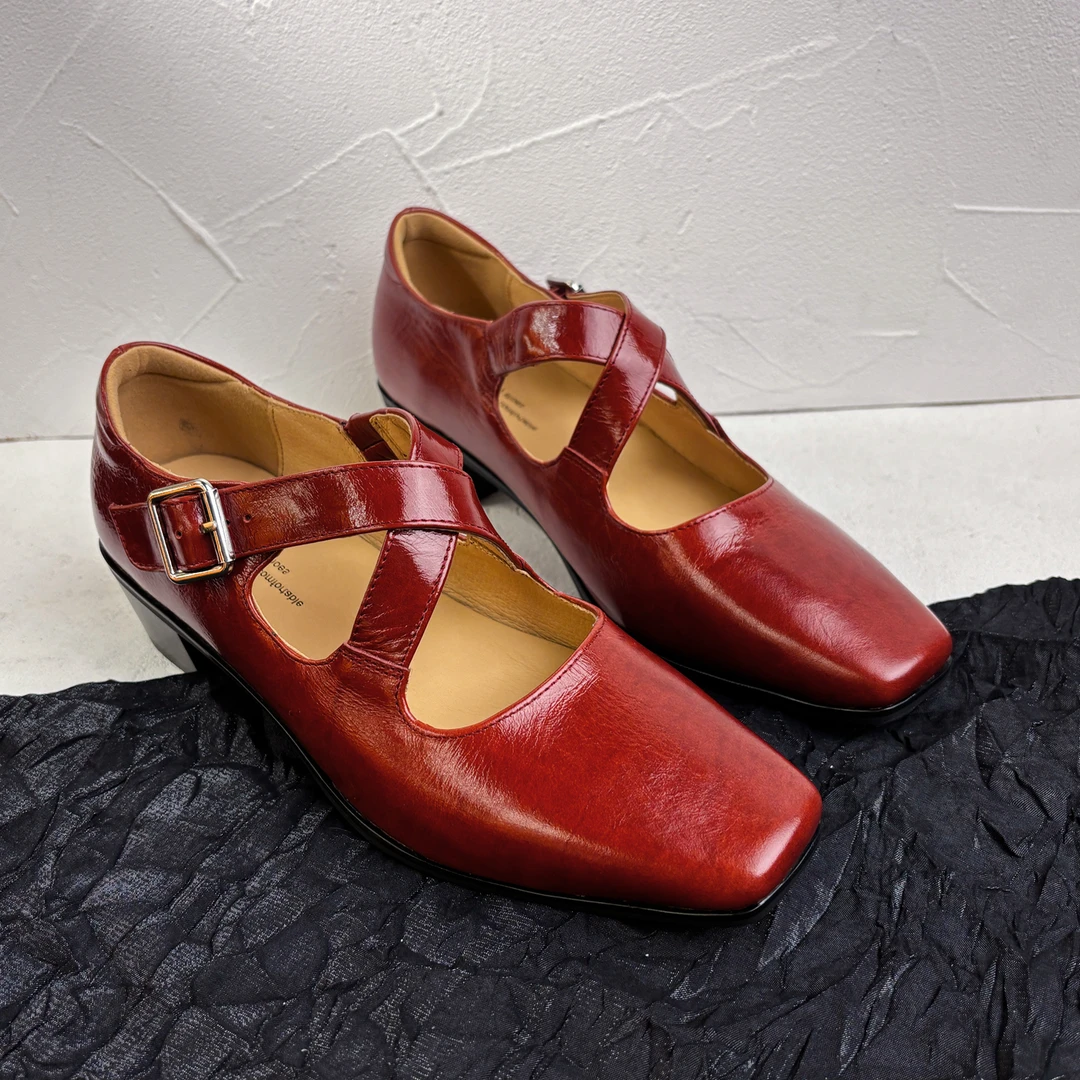 ~复古风~芭蕾舞鞋女春秋中跟方头2025年新款真皮软皮软面玛丽珍鞋