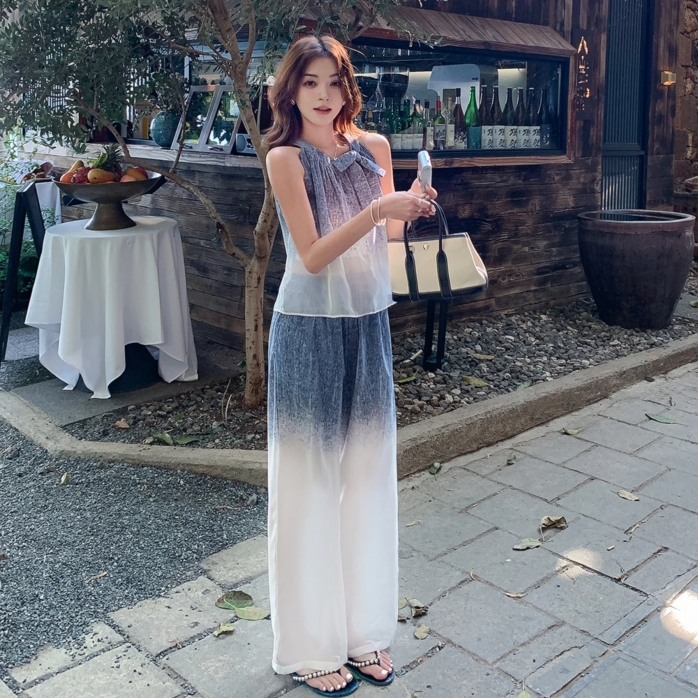 2025年夏季新款休闲风时尚仿牛仔渐变色扎染上衣阔腿裤两件套套装