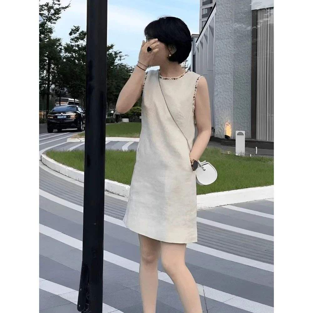 新中式夏季法式纯色拉链连衣裙韩版白色无袖女士裙子