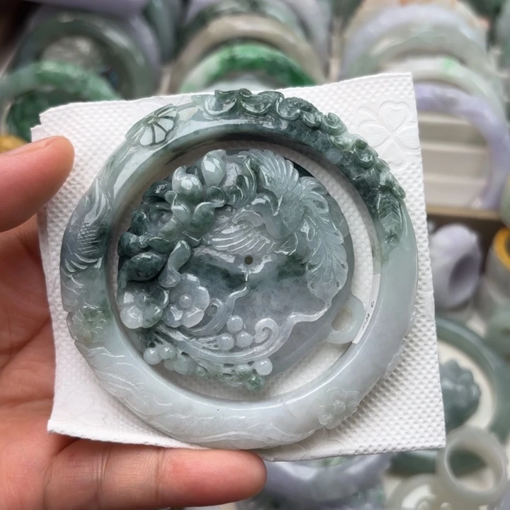 翡翠未镶嵌手镯58.6圈凤穿牡丹209