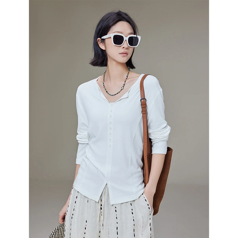 美洋MEIYANG 轻风长袖T【商场同款】莫代尔蚕丝混纺_V领排扣打底衫U