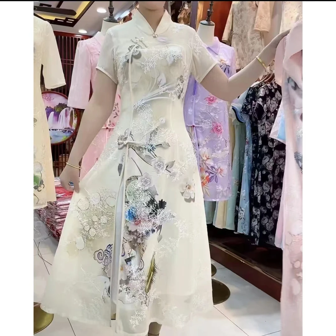 #O-送考旗袍-夏季长款雪纺遮肉显瘦改良版旗袍