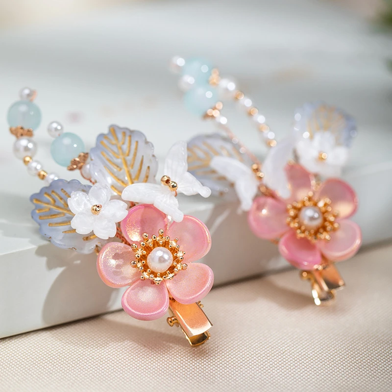 粉色琉璃花朵对夹中国风超仙汉服配饰发夹边夹