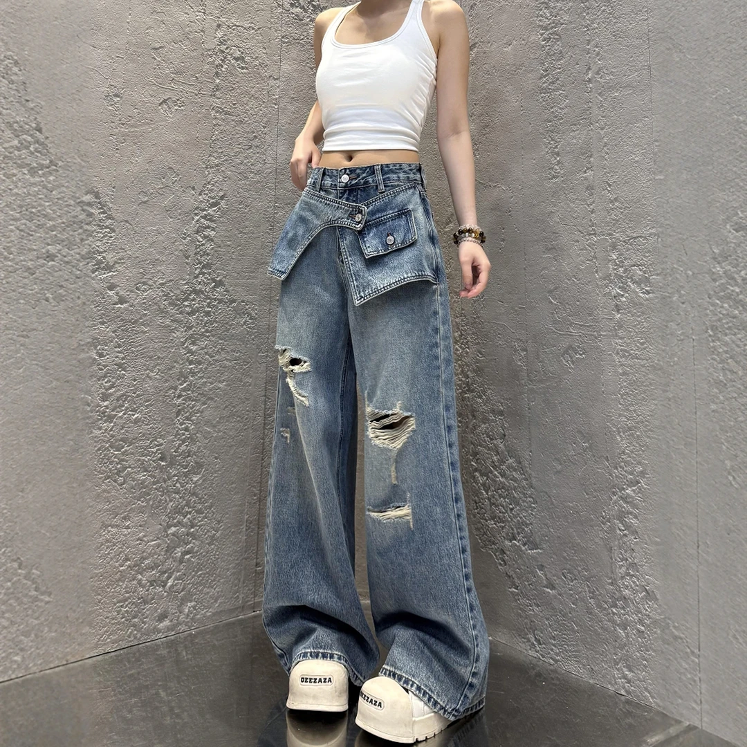 大码美式阔腿牛仔裤女夏季薄款2025新款胖mm显瘦复古破洞直筒裤子