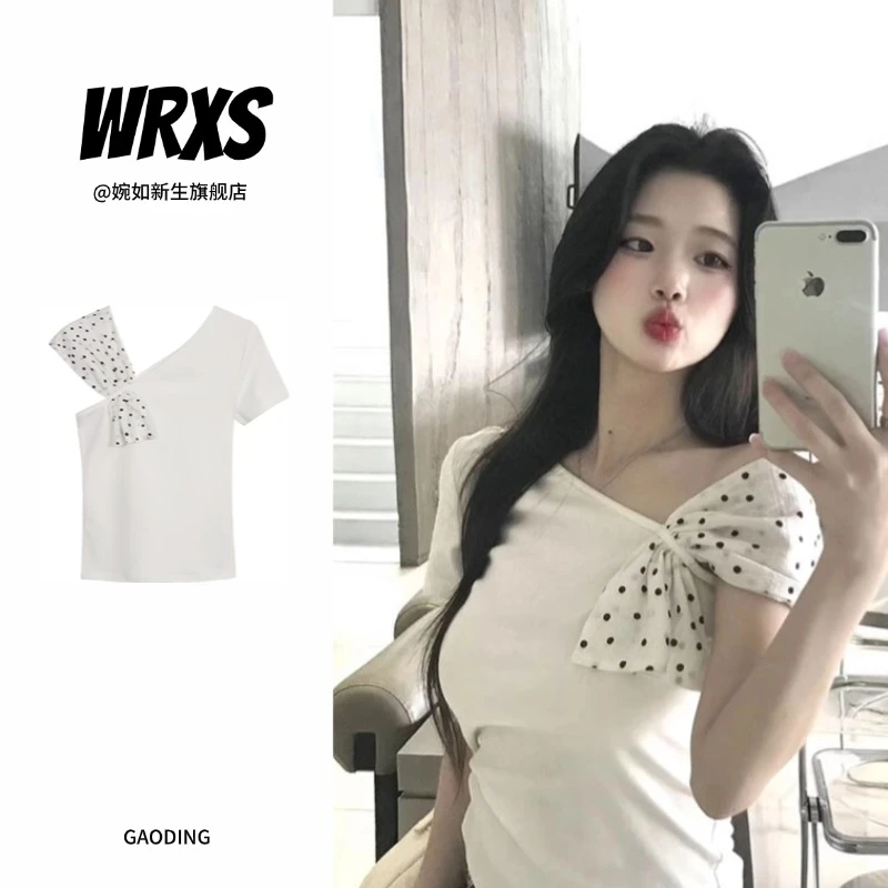 【婉如新生】韩系不规则斜肩波点短袖t恤女设计感蝴蝶结修身上衣ins