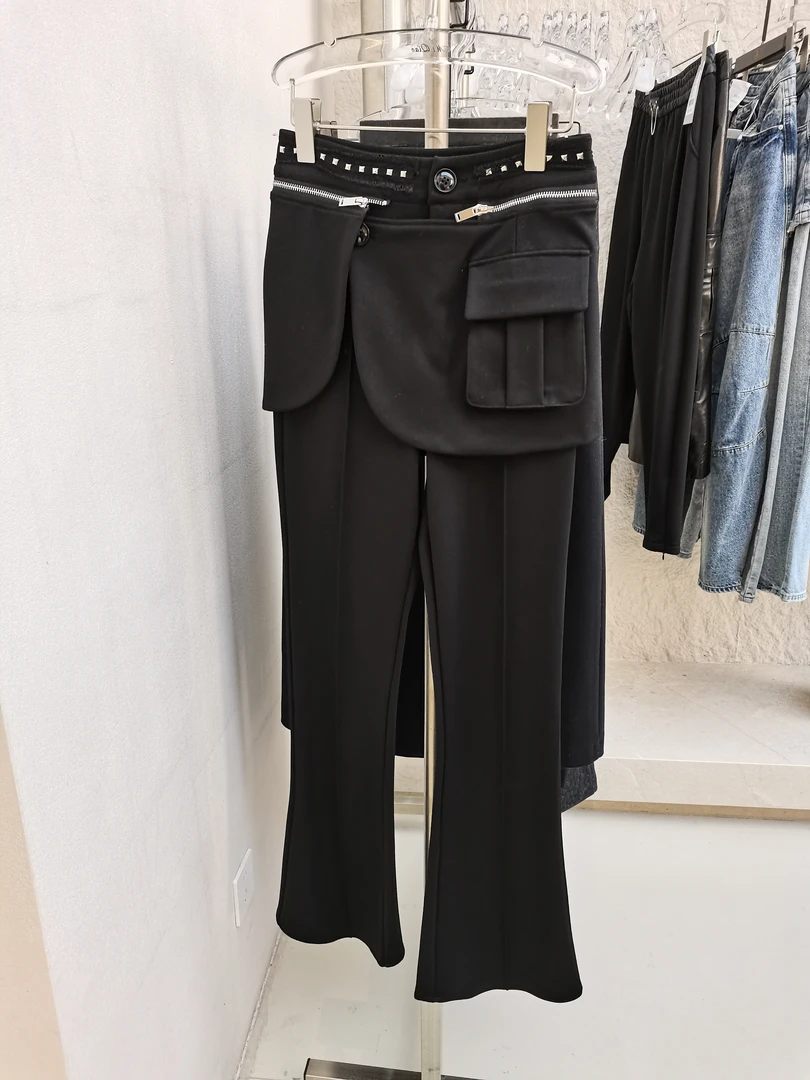 新款高腰微喇叭裤女修身显瘦链条腰带开叉直筒长裤