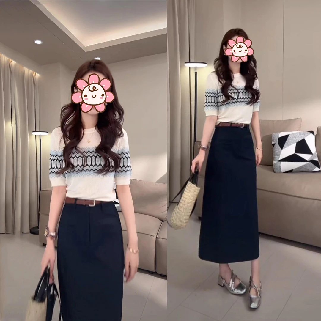 洋气套装衣服女2025夏季薄款镂空提花短袖针织上衣高腰显瘦半身裙