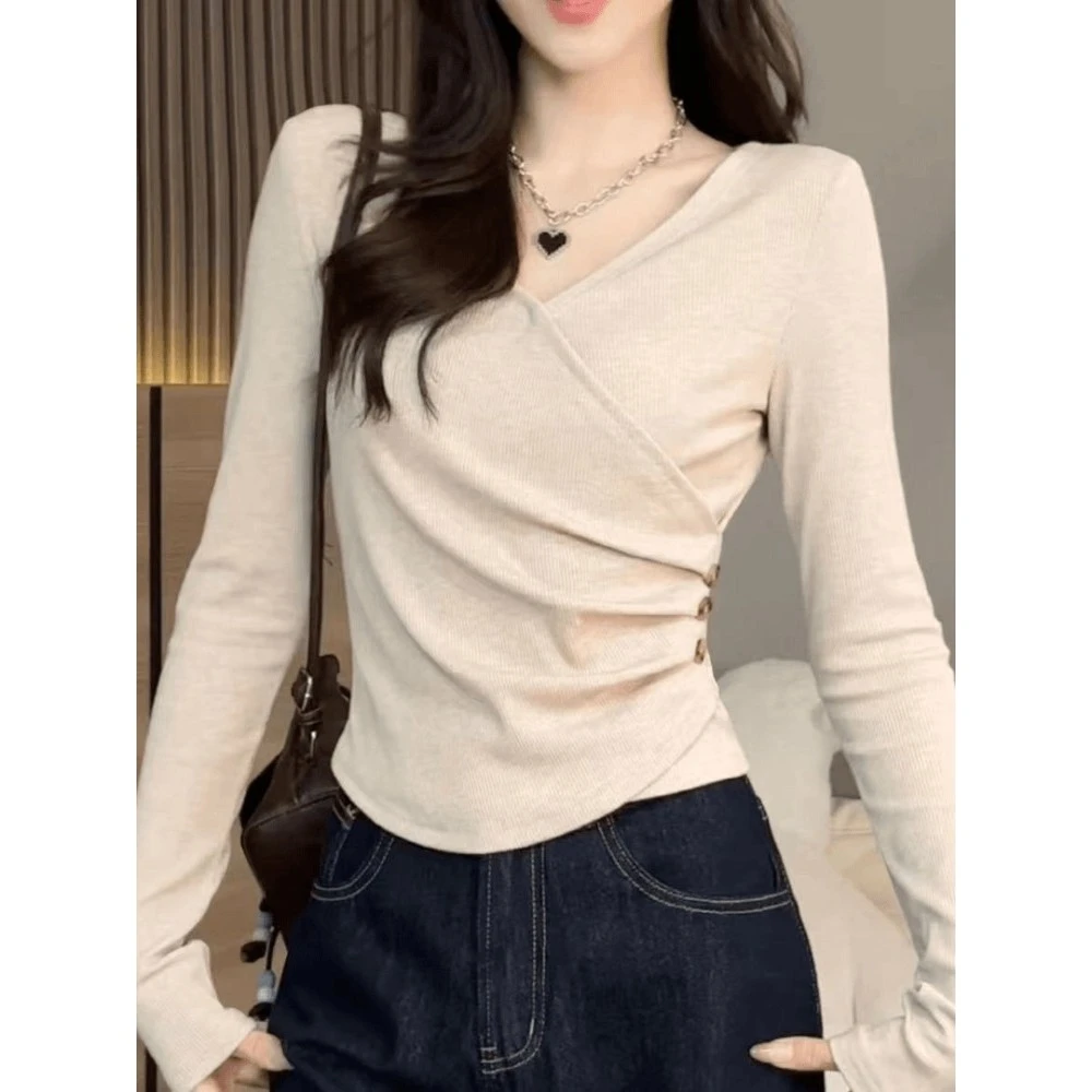 大码辣妹洋气V领正肩长袖修身显瘦胖MM春秋新款T恤上衣显瘦打底衫