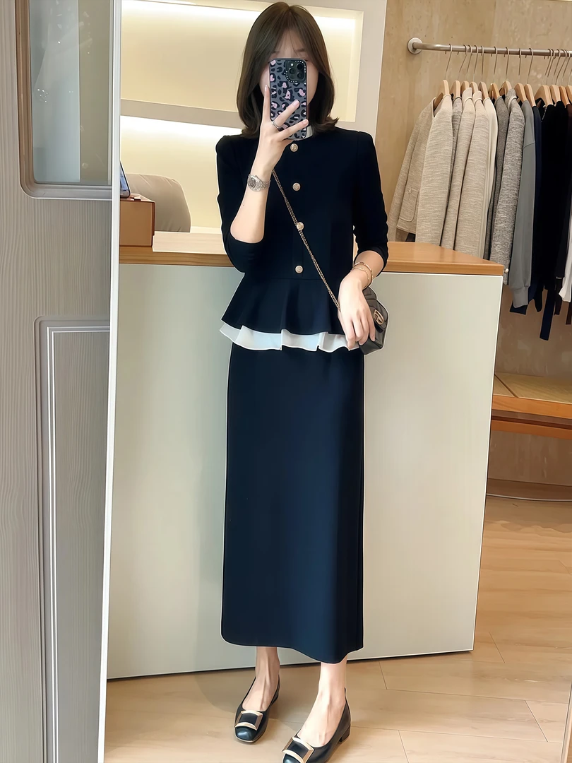 25秋季流行穿搭高级感气质荷叶边长袖连衣裙女黑色显瘦假两件裙子
