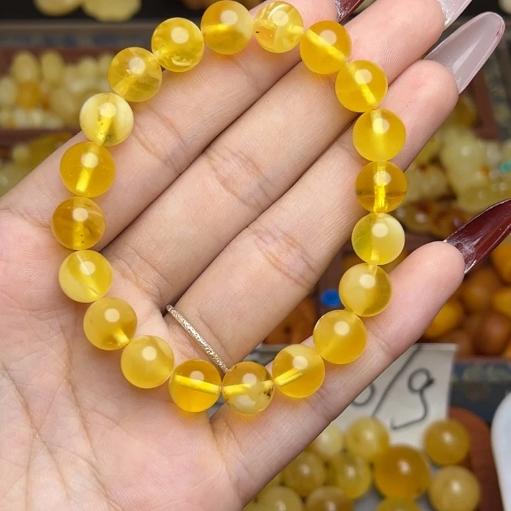 蜜蜡未镶嵌珠宝奇石鸡油黄满蜡妖花手串微瑕