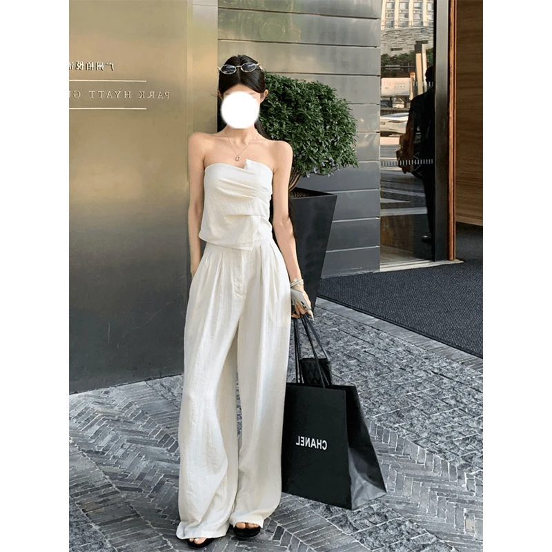 法式性感辣妹裹胸上衣春夏季白色肌理女装高腰阔腿西裤套装