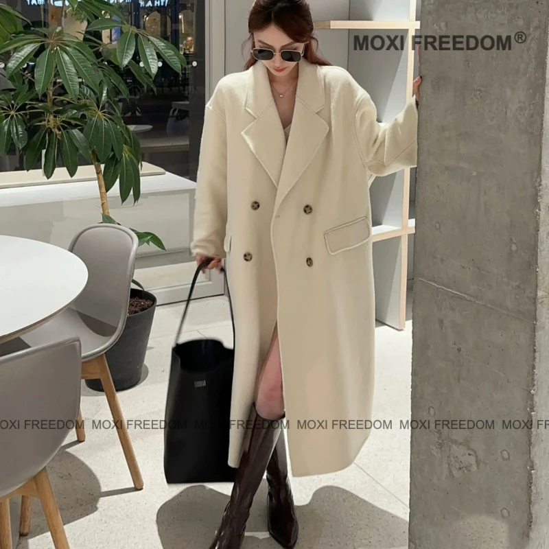 【海盐玫瑰】A秋冬高端慵懒休闲双面羊毛呢毛遮肉长款宽松大衣A001