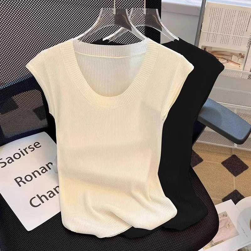 芊芊芙小香风冰丝短袖t恤女夏2025新款针织修身显瘦上衣法式小众