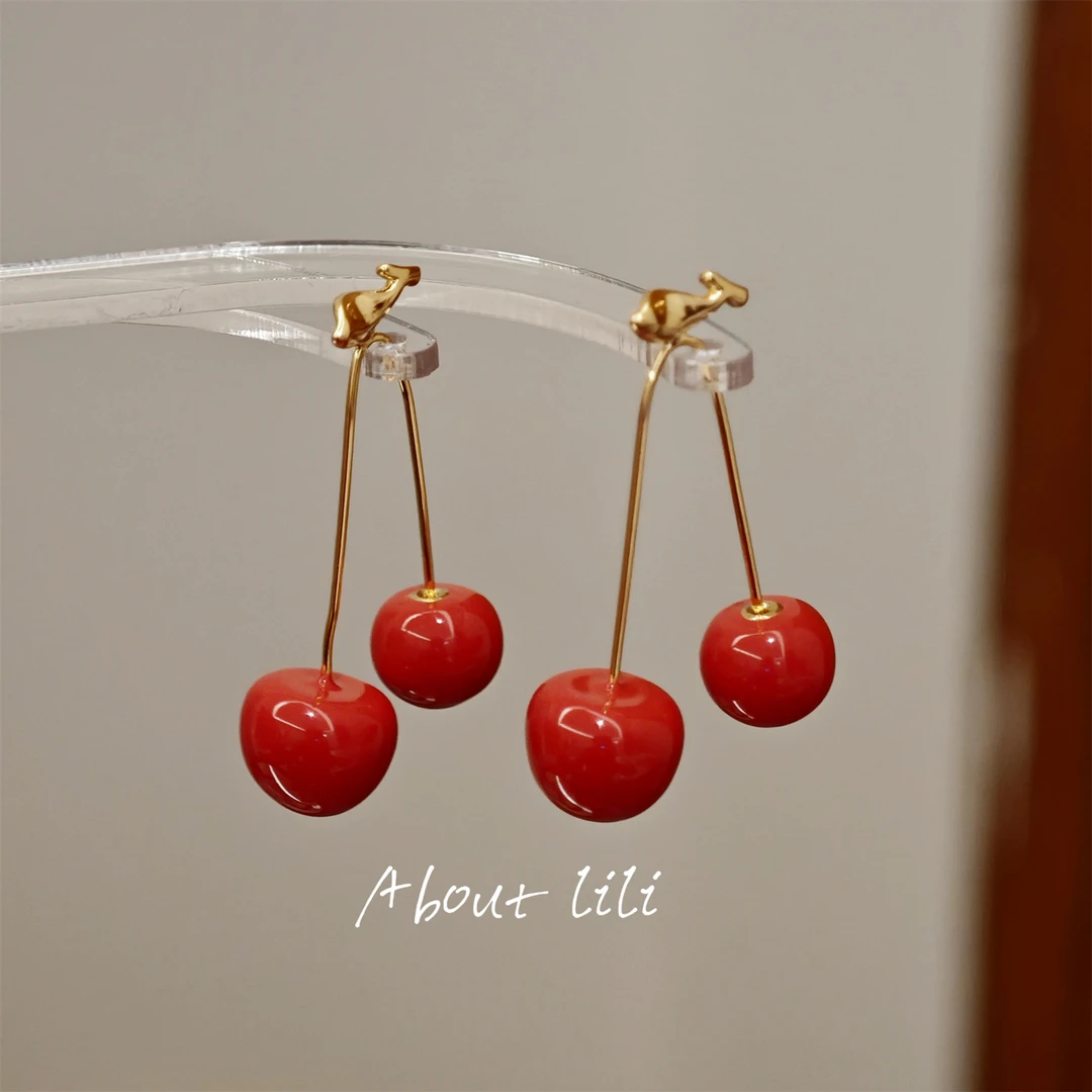 铜合金耳饰 红色樱桃耳环女气质水果耳饰小众设计感高级独特耳坠