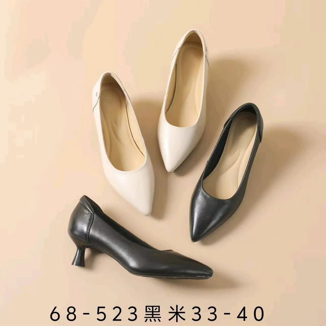 路易保罗实体鞋店黑色浅口春夏季尖头细跟单鞋舒适百搭真皮软底