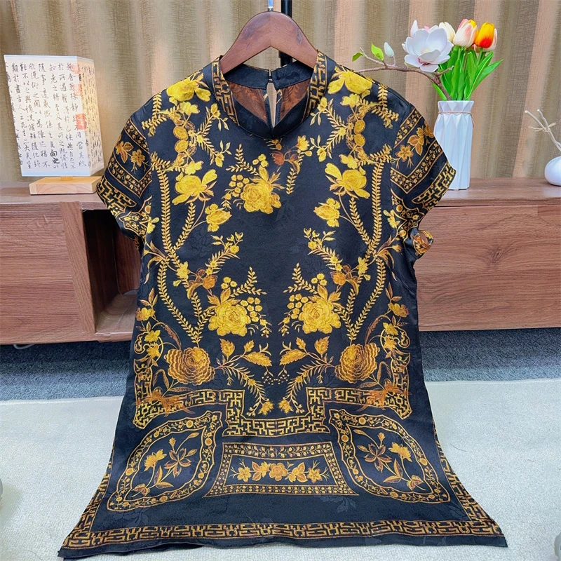 『金榜题名』新中式国风圆领斜襟短袖2025新款高级金色牡丹花T恤