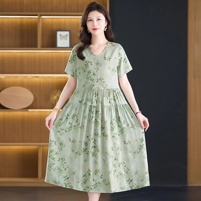 中年妈妈夏季棉绸短袖V领连衣裙女大码气质宽松度假风减龄长裙子