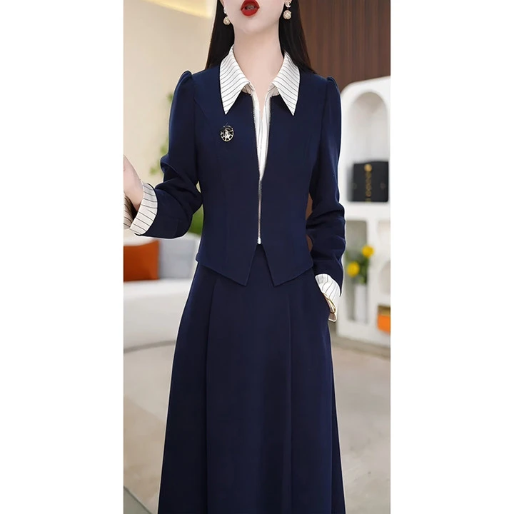 春季设计感翻领休闲简约连衣裙气质时尚轻奢中长款长袖裙子D0574