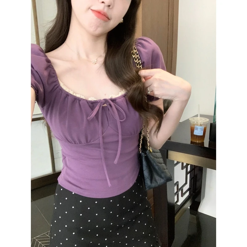 安安 甜美小众褶皱感显白方领紫色上衣