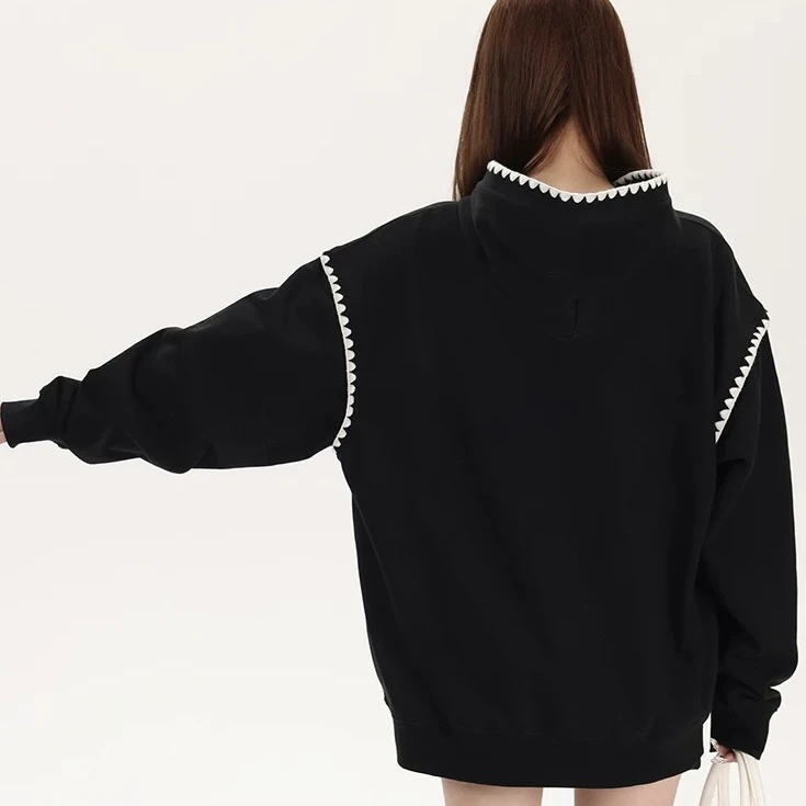 2512063重工刺绣拼接连帽卫衣女抽绳宽松纯色25秋冬新款