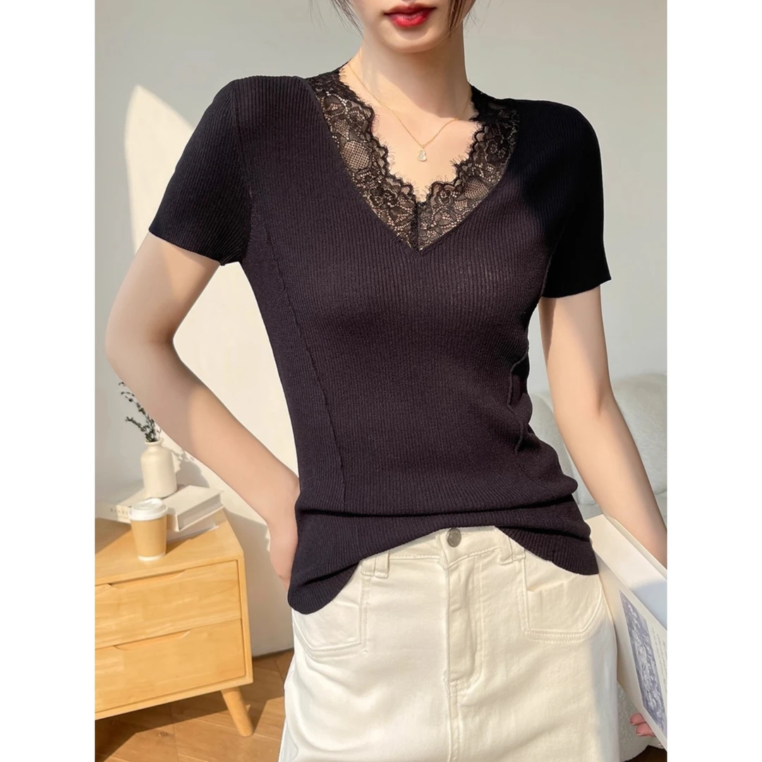 黑色v领短袖女t恤夏季蕾丝花边紧身鱼骨针织内搭打底正肩上衣显瘦