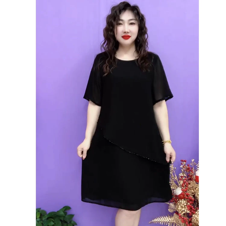 2025夏季新款不规则网纱拼接短袖连衣裙法式赫本风宽松显瘦小裙子