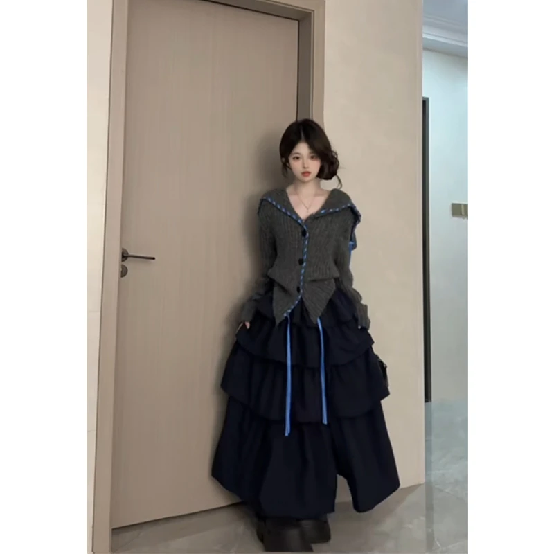 MARIE.COCO韩里韩气穿搭一字领长袖针织毛衣女秋季高腰蛋糕裙套装