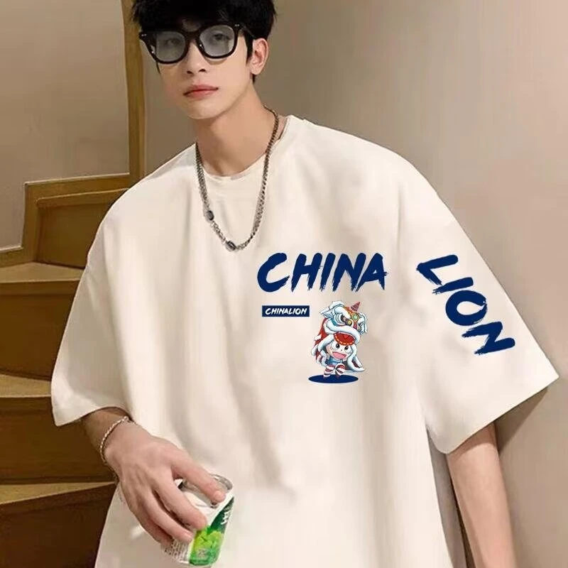 潮牌新款T恤衫网红款男士宽松休闲圆领印花大码半袖打底上衣夏季