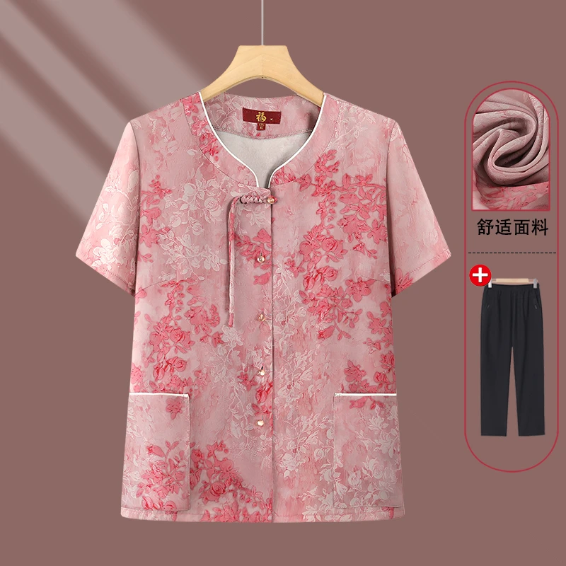 2025新款上衣妈妈装时髦中年口袋夏装女装衬衣碎花装人中老年衬衫