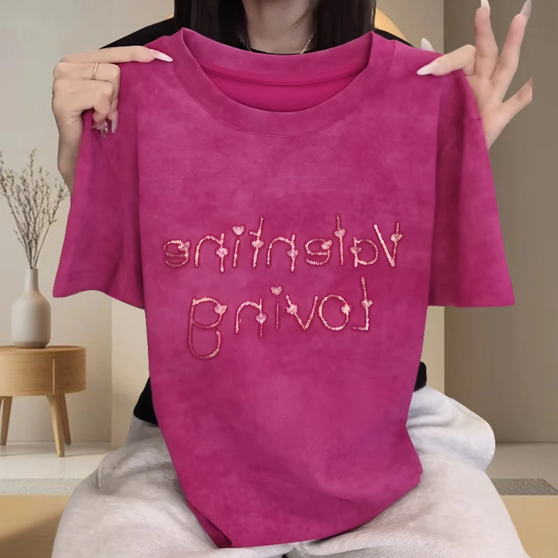 韩版小众英文短袖t恤女款2025夏季减龄显瘦圆领上衣ins洋气衣服女