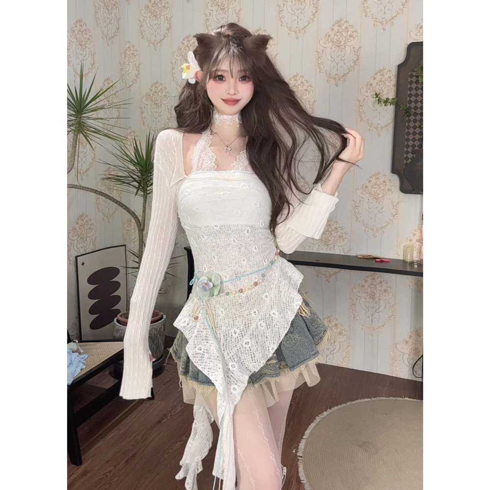 {梨月白百}抹胸裙不规则设计感上衣女出游穿搭白色短裙斜边