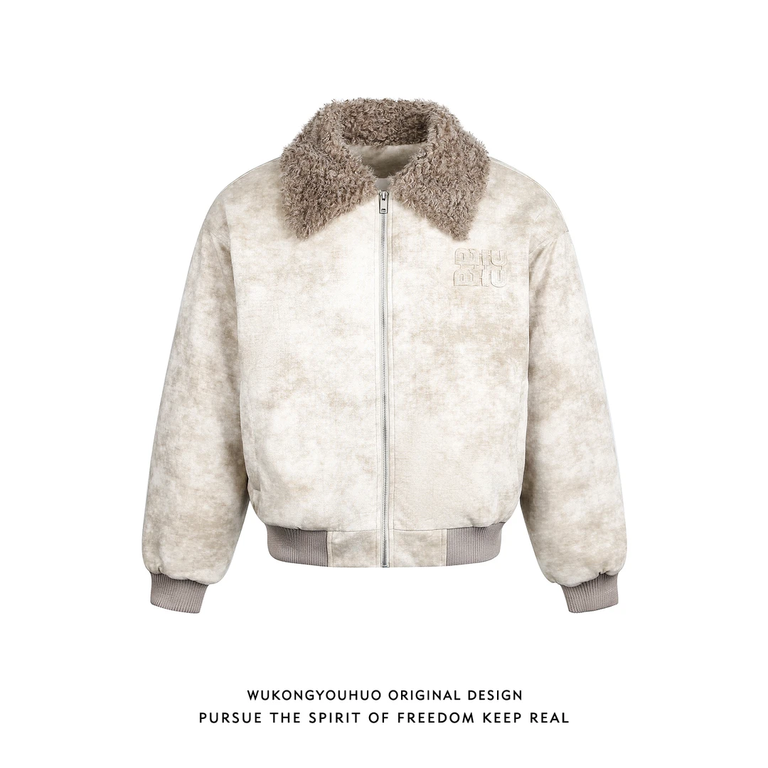 悟空有货美式潮牌扎染羊羔绒翻领短款棉服男冬季复古保暖休闲棉衣