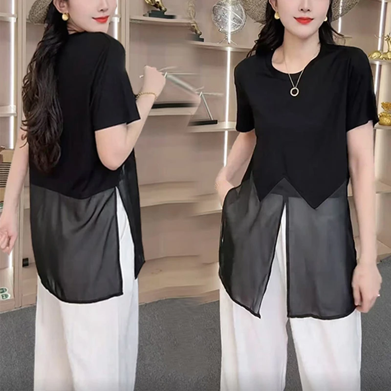 下摆开叉短袖T恤女2025新款夏季网纱拼接洋气上衣高级感时髦穿搭