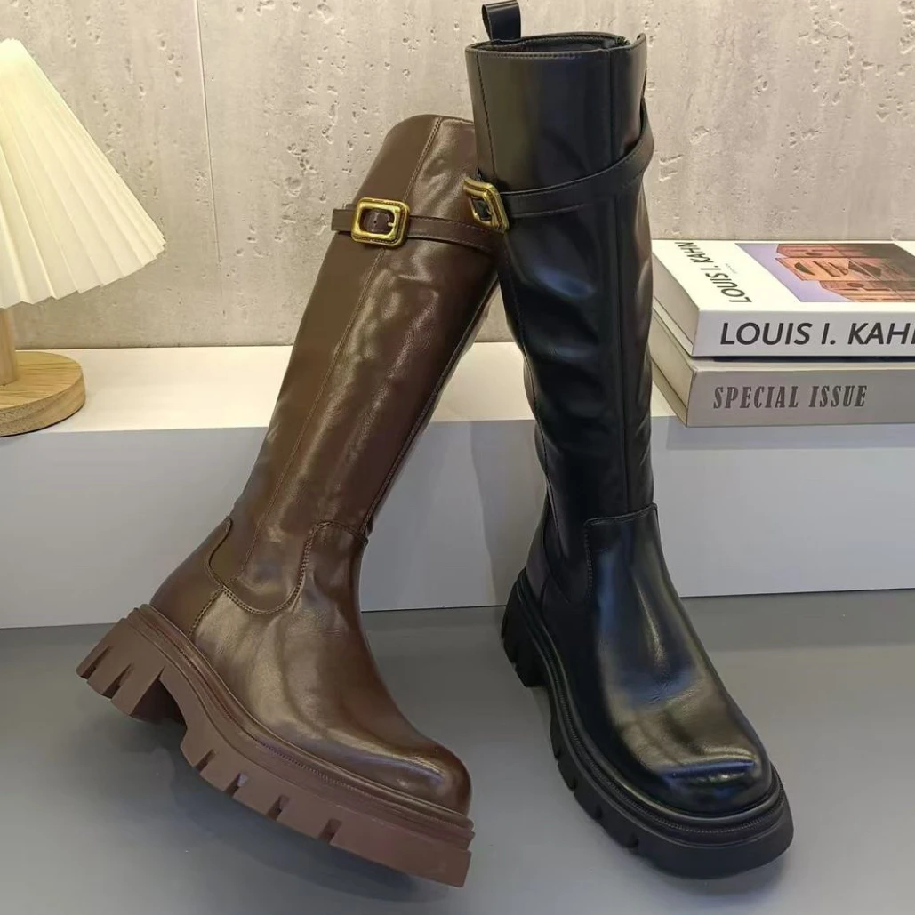 厚底长筒靴女2025新款复古英伦风骑士靴粗跟显瘦百搭新款洋气靴子