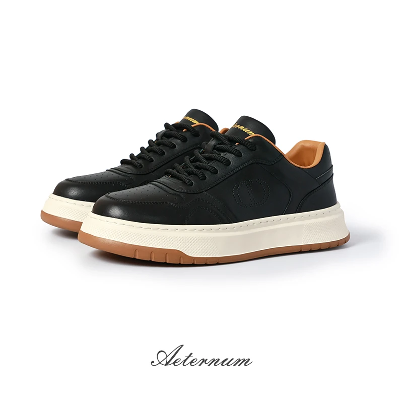 黑色男士时尚高端休闲小牛皮鞋透气夏季轻便黑色圆头运动休闲鞋
