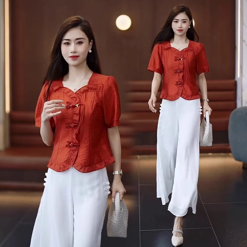 方领衬衫短袖女雪纺衫女2025夏季新款小个子短款盘扣衬衣薄款上衣